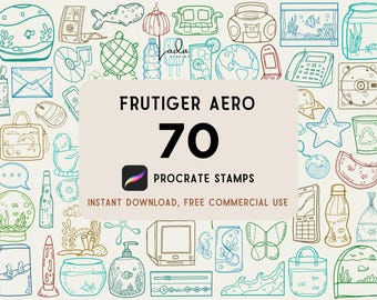 Può includere: Una collezione digitale di 70 timbri Procreate Frutiger Aero con illustrazioni a linee di bocce per pesci, tecnologia, natura e oggetti domestici in toni blu e verdi, con il testo Frutiger Aero 70 Procreate Stamps.