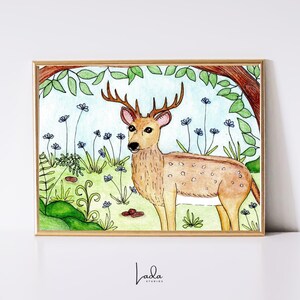 Forest Deer Wall Art – Woodland Animal Painting, Rustic Nature Decor, Watercolor Deer Illustration, Cabin or Nursery Artwork, Story Book Art