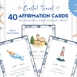 40 Cartões de Afirmação em Aquarela para Viagens Costeiras – Baralho de Autocuidado para Imprimir A7 | Positividade Diária | Citações de Atenção Plena | Download Digital