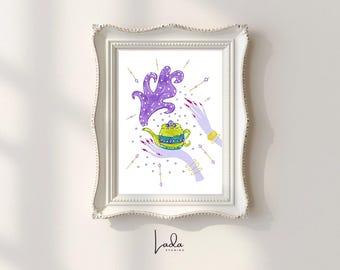 Wunderliche Teekanne Art Print, magische Illustration, Fantasy Küche Wanddekoration (Instant Download)