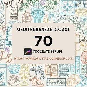 May include: A digital collection of 70 Mediterranean Coast Procreate stamps featuring line art illustrations of coastal elements, food, and travel icons. The central text reads MEDITERRANEAN COAST 70 PROCREATE STAMPS INSTANT DOWNLOAD FREE COMMERCIAL USE.