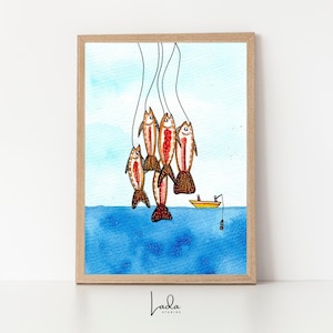 Quirky Fish Wall Art &#39;Catch of the Day&#39;– Whimsical Fishing Boat Illustration, Playful Watercolor Ocean Printable, Nautical Nursery Decor Art