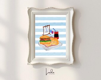 Lámina decorativa de hamburguesa y patatas fritas, ilustración original de comida rápida, decoración retro para cocinas de cafeterías y restaurantes (descarga instantánea).