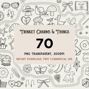 Puede incluir: Una colección de 70 ilustraciones de arte lineal en blanco y negro con varios abalorios, dijes e iconos. El texto central dice Trinket Charms & Things, 70 PNG Transparent, 300DPI, Instant Download, Free Commercial Use. Incluye garabatos de corazones, estrellas, lazos, animales y alimentos.