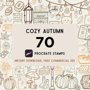 Op de afbeelding: Een digitale collectie van 70 bruine lijntekening Procreate-stempels met herfstthema's zoals pompoenen, paddenstoelen, katten, bladeren en gebak. De centrale tekst luidt COZY AUTUMN 70 PROCREATE STAMPS, INSTANT DOWNLOAD, FREE COMMERCIAL USE.