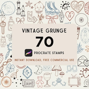 May include: A digital collection of 70 vintage grunge Procreate stamps featuring line art illustrations of various objects including roller skates, hearts, a television, a cassette player, a mushroom, a cat, a bow, and a speed limit sign.