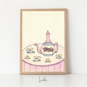 Afternoon Rosy Tea – Vintage Teapot & Teacups Printable Art, Cozy Cottagecore Wall Decor, Whimsical Tea Party Digital Download, Folk Art