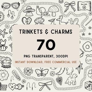 Puede incluir: Una colección de 70 ilustraciones de arte lineal en blanco y negro con varios abalorios y dijes, incluyendo lazos, corazones, flores, un OVNI, un hongo y un dinosaurio. El texto central dice TRINKETS & CHARMS 70 PNG TRANSPARENT, 300DPI.