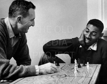Vintage Wilt Chamberlain Playing Chess B&W Photo Print, Retro Sports History Wall Decor, Black and White Basketball Legend Poster