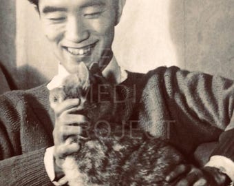 Yukio Mishima Feline Friend Photo Print, Vintage Author & Cat Art, Retro Literary Cat Poster, Cat Lover Writer Wall Decor