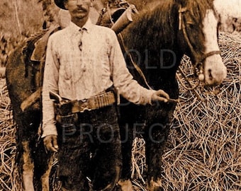 Vintage Cowboy Photo Print, Old West Gunslinger with Horse Wall Art, Sepia Cowboy Portrait Poster, Western Art Decor