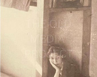 Vintage Japanese Woman Portrait Photo Print, Sepia Pensive Woman Wall Art, Retro Asian Studio Decor Poster