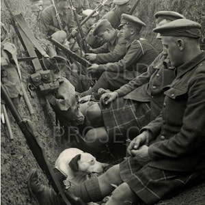 WW1 Highlanders with Dog in Trench - Vintage Old War Photo - Old Dog Photo - World War 1 - War Photo - Steampunk Art - Trench Warfare