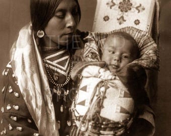 Edward S Curtis Native American Photo Print - Apsaroke Mother and Child 1908 - Vintage Sepia Portrait - Western Home Wall Art