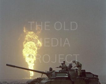 Gulf War Desert Storm Photo Print - Military Tank Burning Oil Well Wall Art - 1990s Combat Documentary Photography - War History Gift