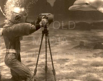 Vintage Deep Sea Diver Filming Dolphins Photo Print, Retro Underwater Photographer Poster, Antique Nautical Sepia Wall Decor