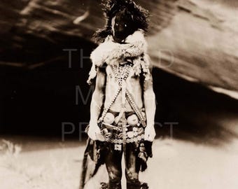 Edward S Curtis Navajo Photo Print - Tobadzischini Yeibichai Dancer 1904 - Vintage Native American Ritual Art - Sepia Wall Decor