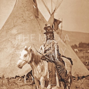 Nez Perce Warrior, Tipi Vintage Photo Print, Native American Horse Art