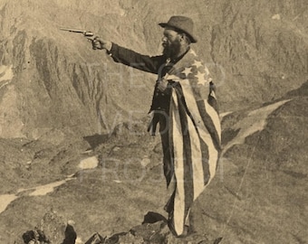 Vintage Western Mountain Summit Photo Print - Cowboy American Flag Revolver Art - Antique Frontier Wall Decor - Sepia Photography