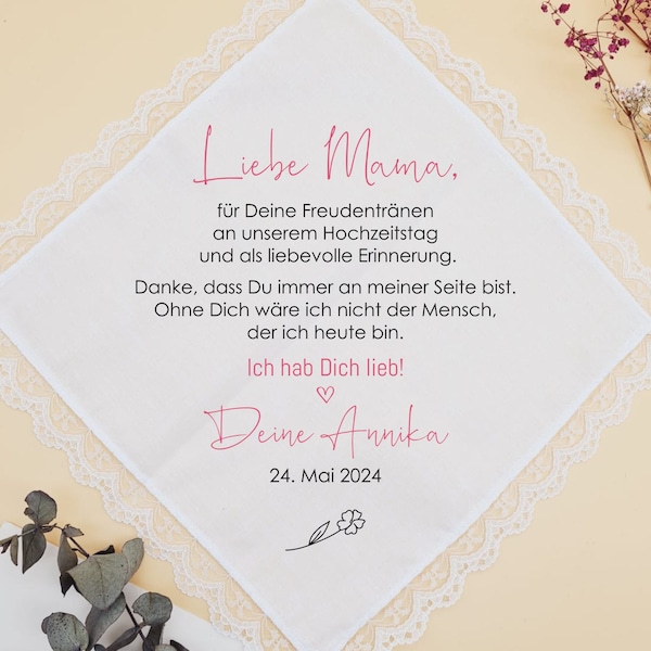 Personalisiertes Stofftaschentuch für die Brautpaareltern zur Hochzeit "liebevolle Erinnerung"