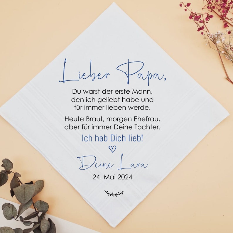 Personalisiertes Stofftaschentuch für den Brautvater zur Hochzeit Erster Mann geliebt Bild 1