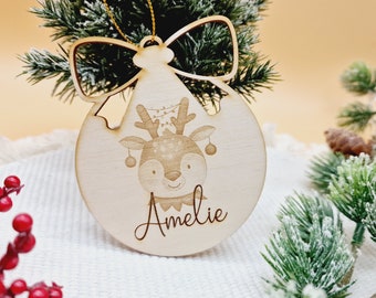 Weihnachtskugel aus Holz "Rentier" personalisiert mit Namen | Weihnachtsanhänger | Weihnachtsgeschenk