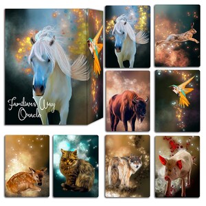 May include: A set of 10 oracle cards featuring various animals, including a horse, a cat, a wolf, a pig, a deer, a bison, a rabbit, and two hummingbirds. The cards have a whimsical, ethereal feel with a soft, glowing background.