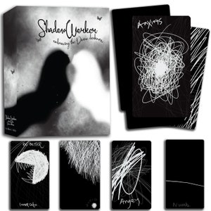 May include: A deck of cards called "Shadow Worker: Embracing the Divine Darkness" with black and white illustrations of abstract scribbles. The cards feature words like "Anxious", "Be Better", "Avoid", "Angry", and "Numb".