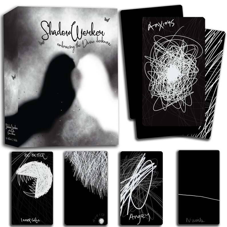 May include: A deck of cards called "Shadow Worker: Embracing the Divine Darkness" with black and white illustrations of abstract scribbles. The cards feature words like "Anxious", "Be Better", "Avoid", "Angry", and "Numb".