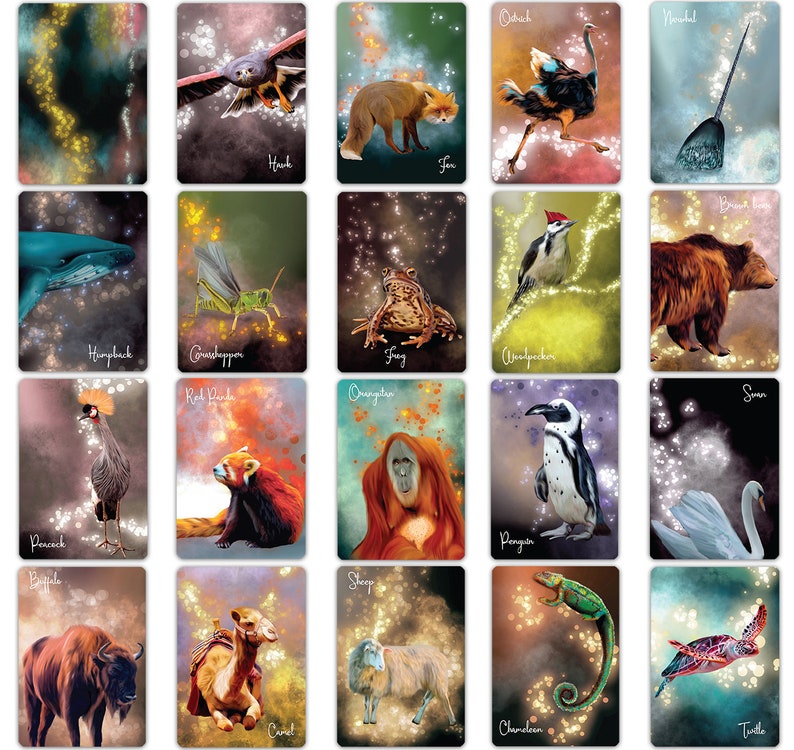 May include: A set of 20 illustrated cards featuring various animals, each with a name written below. The cards have a watercolor-like background with a sparkly effect.