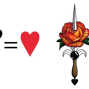 Może przedstawiać: Graficzna ilustracja czterech symboli kart do gry przedstawionych za pomocą r&oacute;żnych obiekt&oacute;w. R&oacute;żdżka z kwiatami i kryształami reprezentuje trefl, filiżanka do herbaty z sercem reprezentuje kier, sztylet z r&oacute;żą reprezentuje pik, a lustro z pentagramem reprezentuje karo.