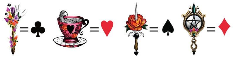 Może przedstawiać: Graficzna ilustracja czterech symboli kart do gry przedstawionych za pomocą r&oacute;żnych obiekt&oacute;w. R&oacute;żdżka z kwiatami i kryształami reprezentuje trefl, filiżanka do herbaty z sercem reprezentuje kier, sztylet z r&oacute;żą reprezentuje pik, a lustro z pentagramem reprezentuje karo.