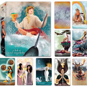 May include: A tarot deck box with a colorful illustration of a person sitting on a narwhal with a rainbow in the background. The box has the text "Familiar's Way Tarot" and "a deck of sacred companionship".