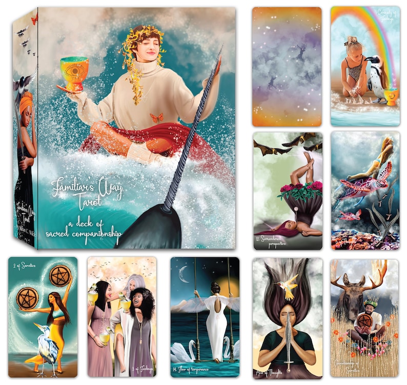 May include: A tarot deck box with a colorful illustration of a person sitting on a narwhal with a rainbow in the background. The box has the text "Familiar's Way Tarot" and "a deck of sacred companionship".
