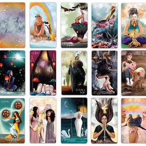 May include: A set of 14 tarot cards with colorful illustrations featuring a variety of themes, including nature, animals, and human figures. The cards are designed with a whimsical and ethereal aesthetic.