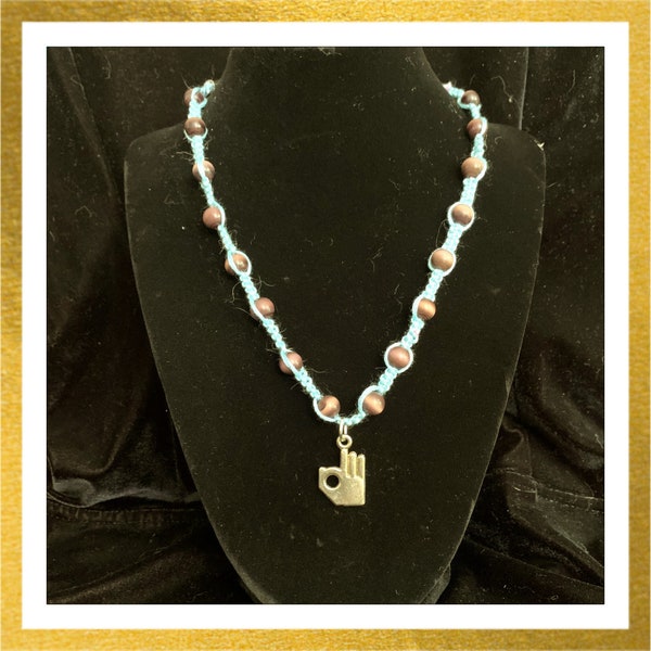 Handmade Woven and Beaded Blue Necklace Reclaimed Upcycled Vintage Silvertone "Okay" Hand Pendant Boho-Chic Beaded Fashion Accessory