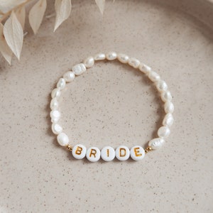 Customizable Natural Pearl Bridal Bracelet, Freshwater Pearl Bridal Beaded Bracelet, Custom Name Bracelet, Stretch Personalized Bracelet