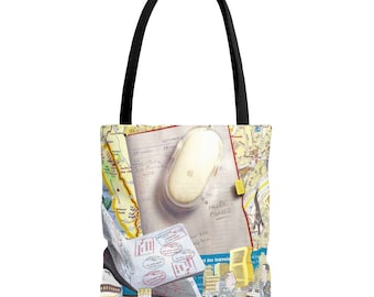 World Map Collage Tote Bag | Passport Stamps, Vintage Travel Art Canvas Bag