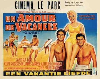 Vintage 1960's Gidget movie poster surfing beach scene French digital art print  retro