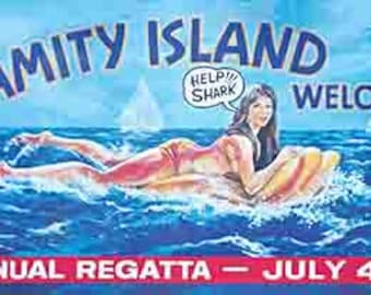 5 feet by 12 feet    Vintage Jaws  Amity Island banner    heavyweight scrim vinyl with metal grommets