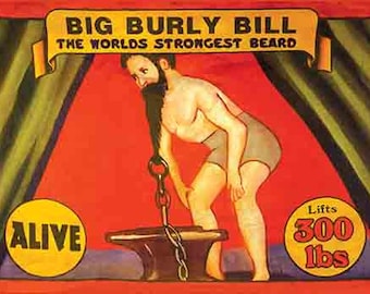 Vintage Freakshow banner  ' Worlds Strongest Beard '  5' wide   heavyweight scrim vinyl with metal grommets  Circus Sideshow Carnival