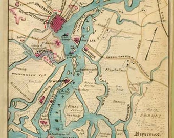 Vintage Savannah Beach GA Georgia Tybee Island Civil War map poster digital art print  retro