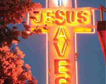 Vintage JESUS SAVES  neon sign photo poster digital art print  retro