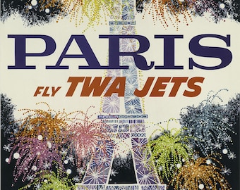 Vintage Fly TWA Airlines To Paris France travel poster digital art print  retro