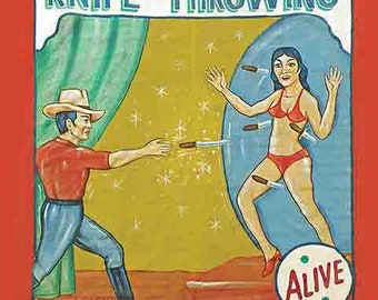 Vintage Freakshow banner  ' Knife Throwing '  4' wide   heavyweight scrim vinyl with metal grommets  Circus Sideshow Carnival