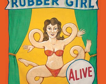 Vintage Freakshow banner  ' Rubber Girl '  4' wide   heavyweight scrim vinyl with metal grommets  Circus Sideshow Carnival