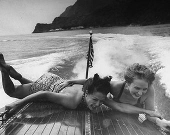 5"x7"       Vintage B&W bathing beauties boating Chris Craft photo art print