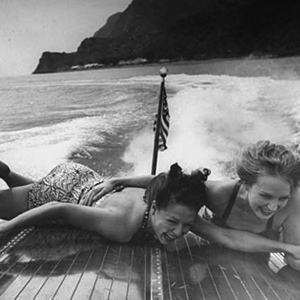 Vintage B&W bathing beauties boating Chris Craft photo poster art print