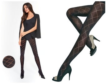 Patterned black 40 denier tights with diamond pattern