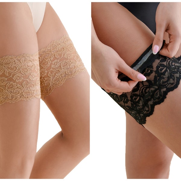 Bandelettes pour les cuisses avec des bandes de silicone pour la protection contre les frottements: en dentelle, beige / noir, tailles S-2XL